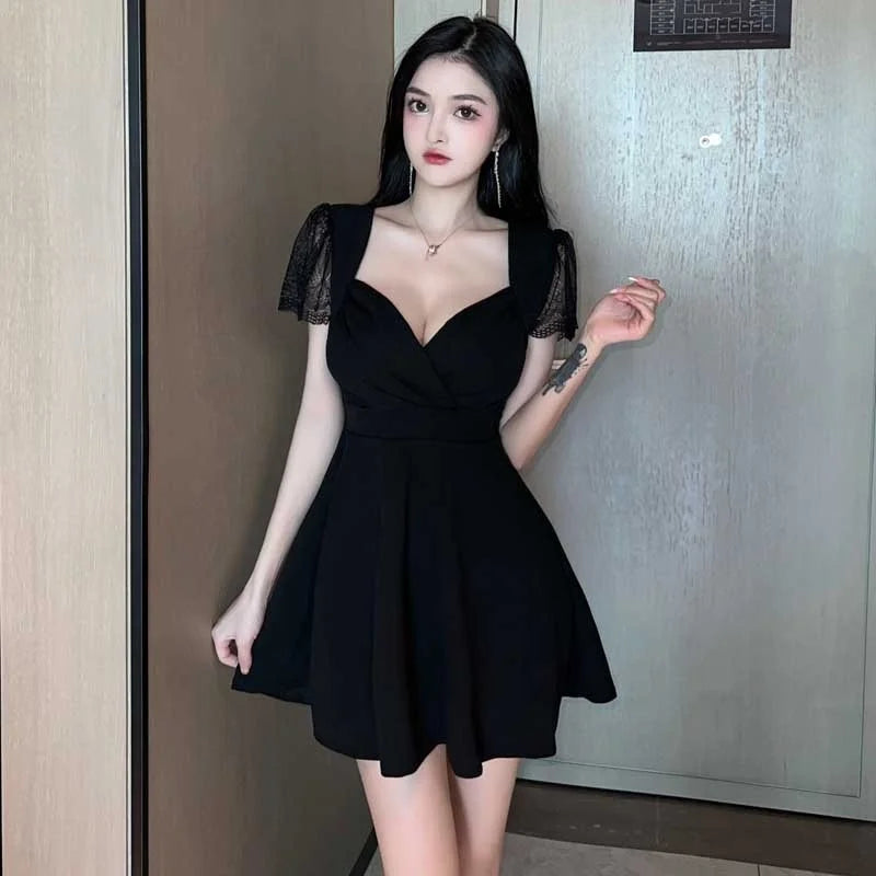 2023 Summer Women's Sexy Mature Lace spliced Short Sleeve Deep V Low cut Fashion Waist retraction Solid color A-line Dress 2ZW6 - Seprincess