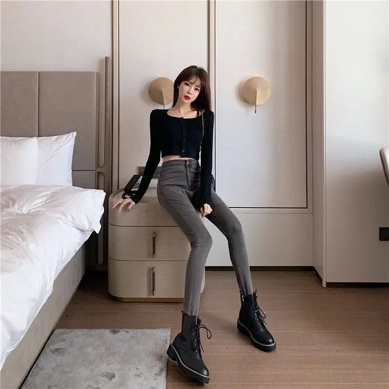 Slim Fit Pants for Women with Pockets High Waist Shot Trousers Skinny Gray Womens Jeans New in 2000s Y2k R Vintage Shiny on Sale