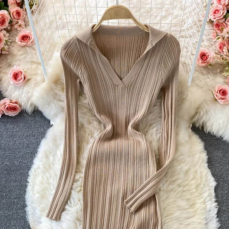 YuooMuoo Chic Fashion Sexy Wrap Hips Split Knitted Autumn Dress Women V-neck Slim Elastic Bodycon Long Dress Streetwear Outfits - Seprincess