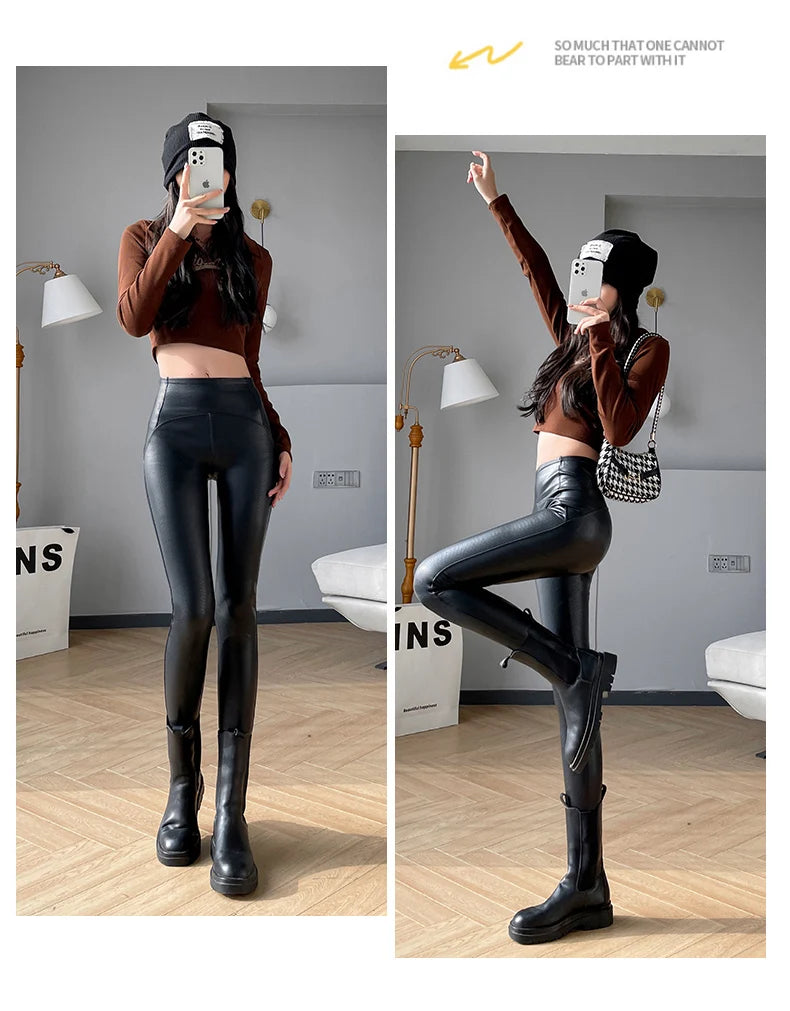 Autumn Winter Women Fleece Matte Leather Leggings High Quality Sheepskin High Waist Elastic PU Leather Pants Slim Sexy Leggings