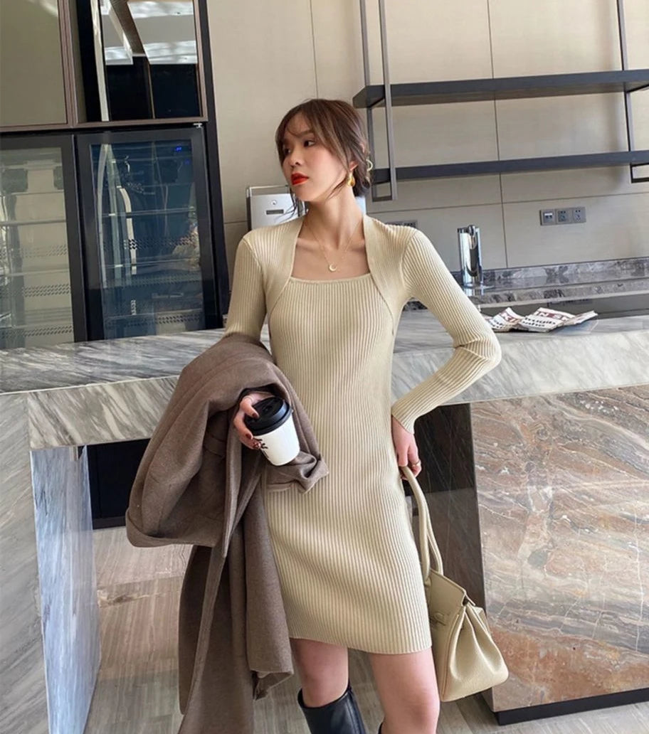 For Fall and Winter Bodycon Bandage Female Knit Evening Dresses White Korean Fashion Black Wrap Woman Knitted Sweater Dress Sexy - Seprincess