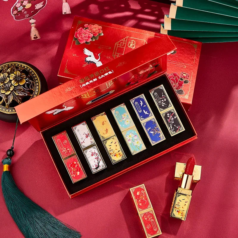 Chinese Style Carved Lipstick Set Forbidden City Christmas Gift Box Moisturizing Show Whiteness New Year Makeup Cosmetic - Seprincess