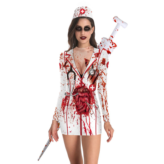 [You're My Secret] Women Cosplay Doctor Uniform Halloween Dress Slim Long Sleeve Scary Sexy Print Female Dress Streetwear Female - Seprincess