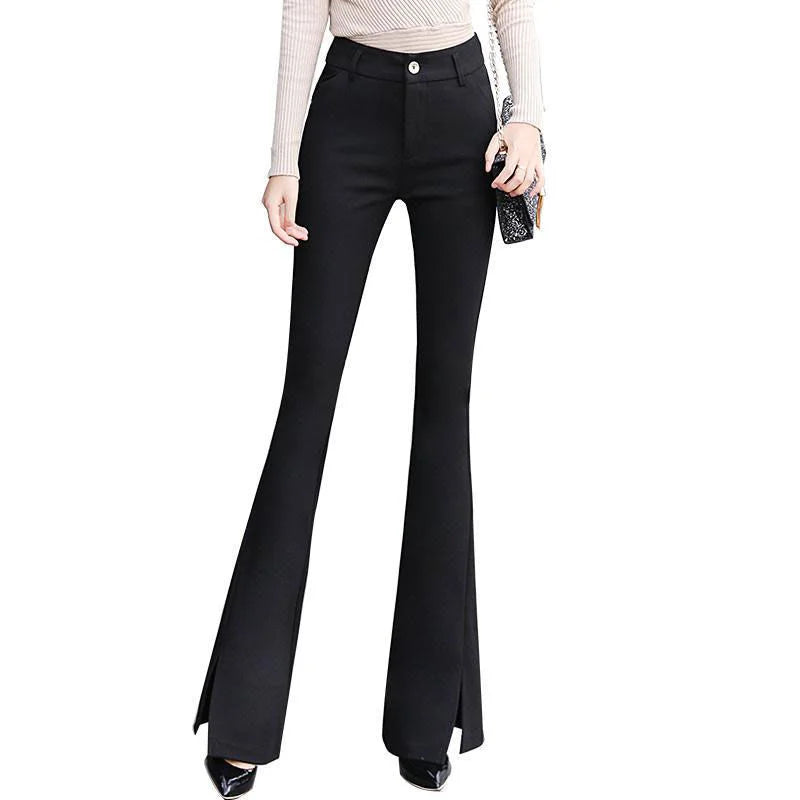 Summer Fashion Simple Slim Straight Flare Pants Women Solid High Waist Button Zipper Pocket Casual Versatile Elastic Trousers