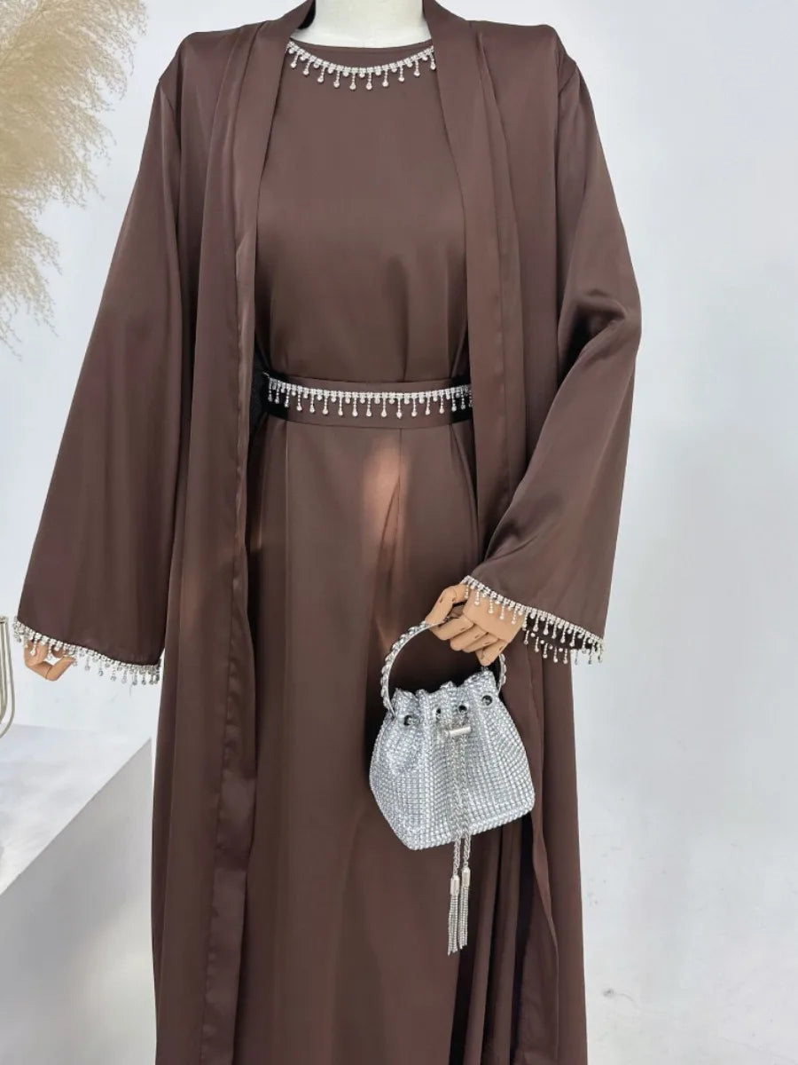 Eid Silky Satin Party Abayas Set 2 Piece Ramadan Women with 2 Diamond Chains Cardigan Robe Islamic Abaya 2024 - Seprincess