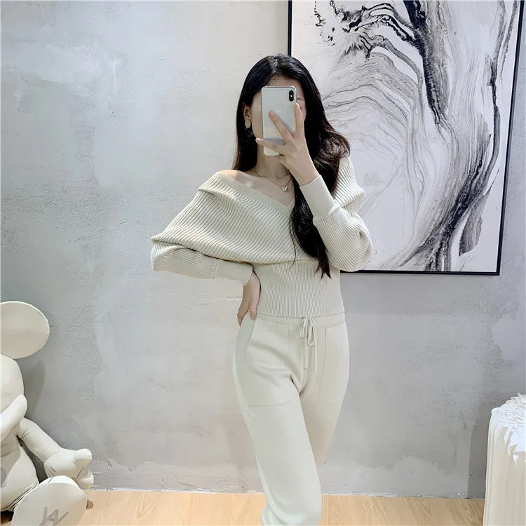 Elegant Tracksuit Sexy Two Piece Set Women Korean Style Ribbed Knitted Backless Top And Long Harem Pant Suit Autumn Outfits y2k - Seprincess