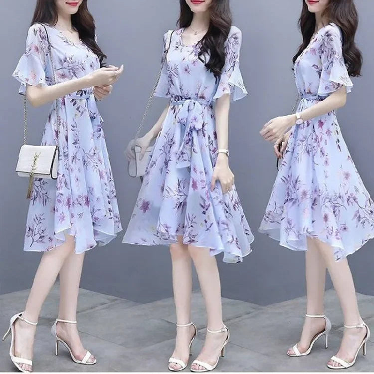 Elegant Summer New Korean-style Long Dress For Women Slimming Waist-fitted Medium-length Skirt Nylon Material Printed Dress - Seprincess