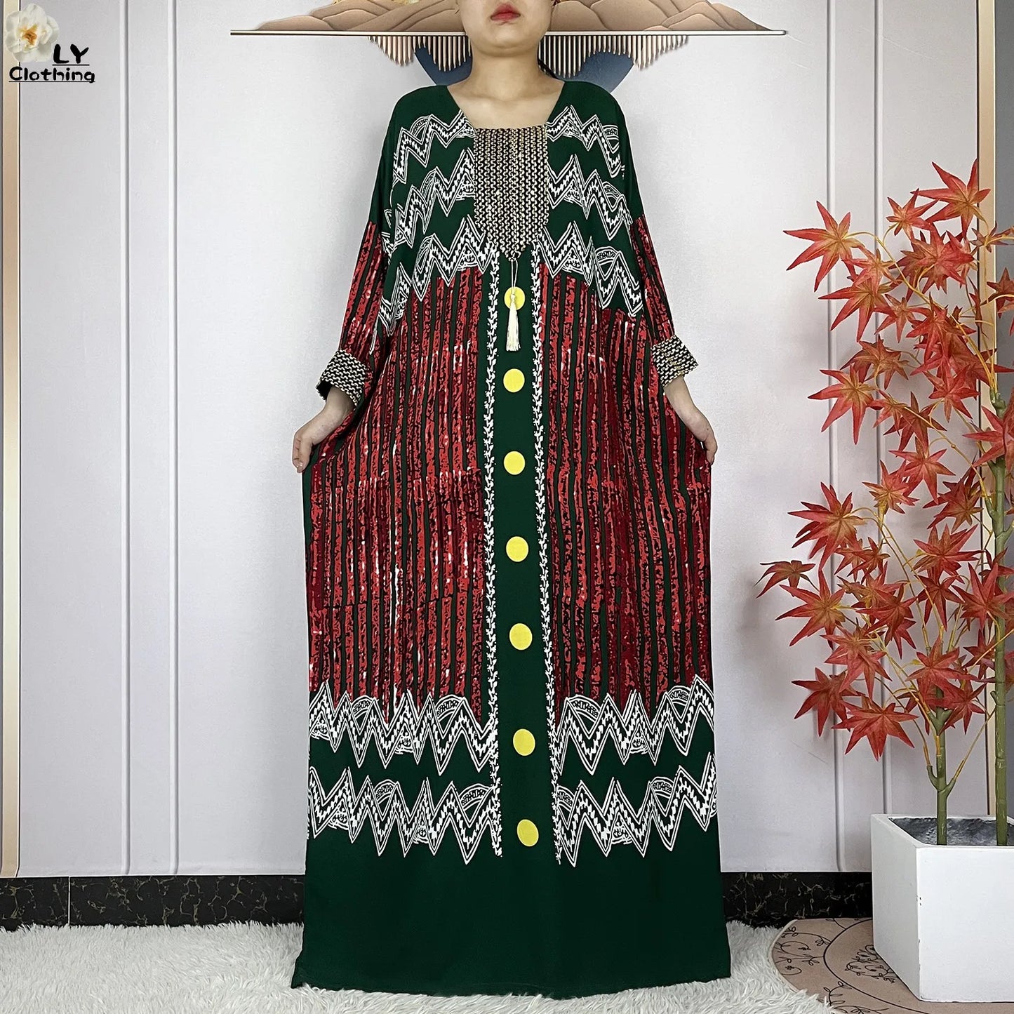 2024New Dubai Party Dress Muslim Femme Long Sleeves Printing Sequins Loose Boubou Maxi Islam Women Cotton African Abaya Clothing - Seprincess