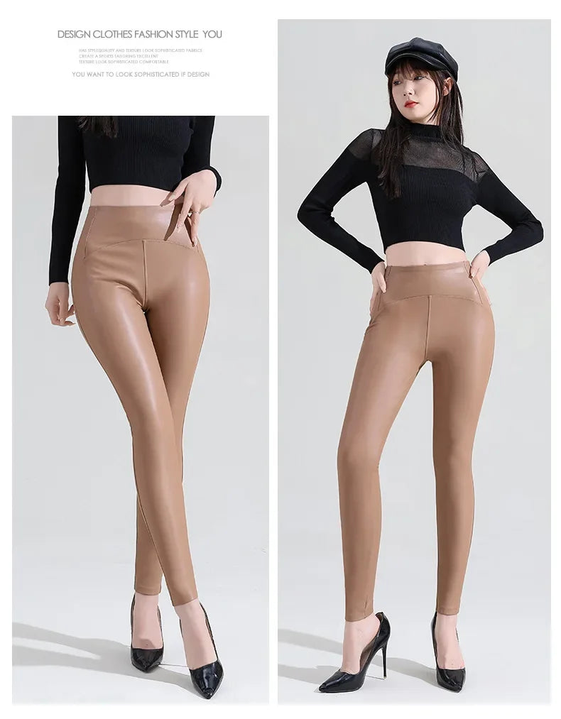 Autumn Winter Women Fleece Matte Leather Leggings High Quality Sheepskin High Waist Elastic PU Leather Pants Slim Sexy Leggings