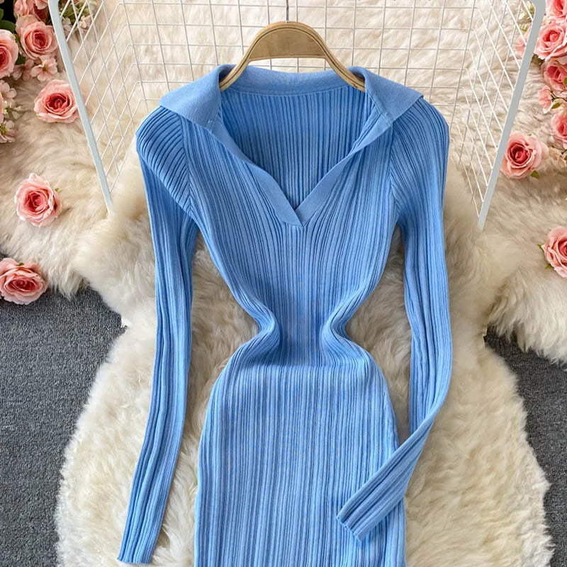 Women Korean Knitted Dress Long Sleeve V Neck Elastic Slim Pencil Dresses 2024 Autumn Sexy Bodycon Split Sweater Dress