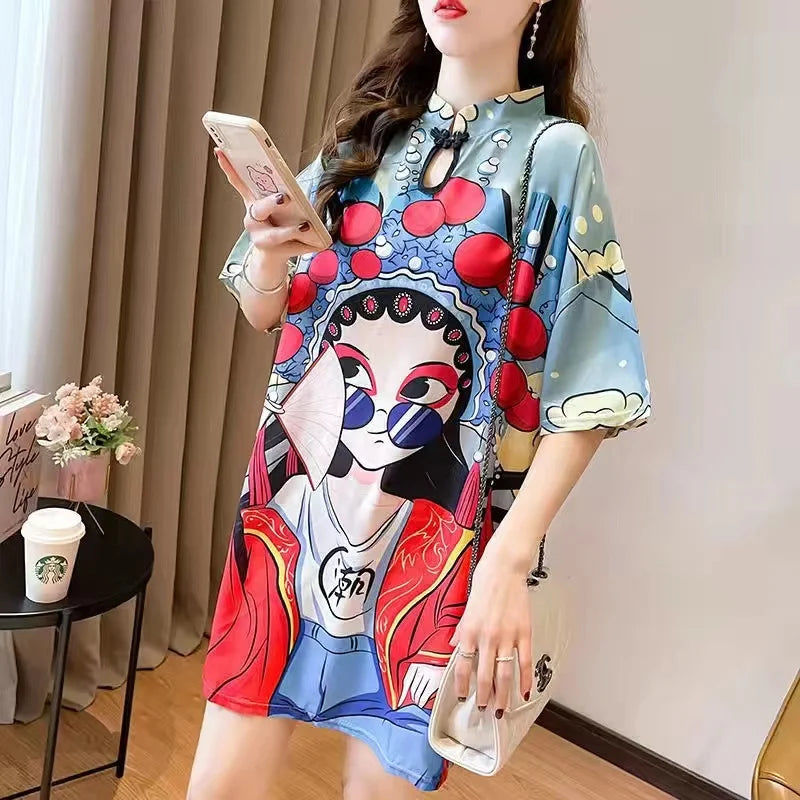 Chinese Fashion Print Dress Women Summer Long Sleeve National Style Cheongsam 2022 Modern Improve Vintage Elegant Loose Qipao - Seprincess