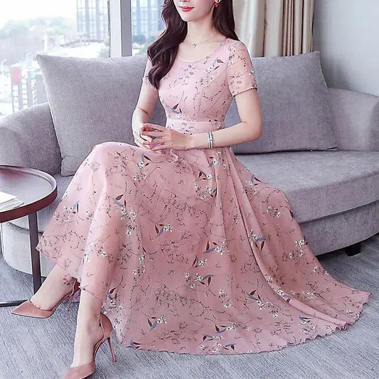 Elegant Long Dress Slimming Medium-length Slim Fit Women's Summer Fashion 2023 New Style Flower Print Outerwear - Seprincess