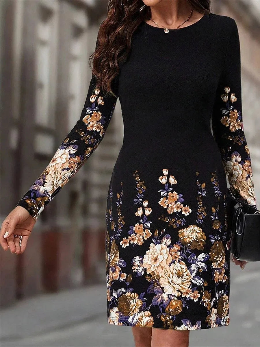 2024 New Autumn Winter Women Dress O Neck Flower Print A-Line Long Sleeve Loose Dress Casual Fashion Elegant Ladies Mini Dresses - Seprincess