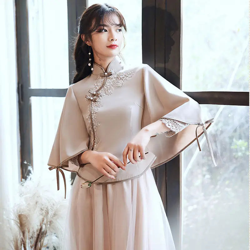 2024 chinese traditional vintage qipao dress set retro lady cheongsam chiffon women graceful wedding party vestido dress a363 - Seprincess