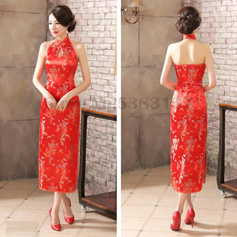 Plus Size 3XL Qipao Sexy Backless Sleeveless Cheongsam Retro Classic Brocade Chinese Vestidos Traditional Printed Flower Dress - Seprincess