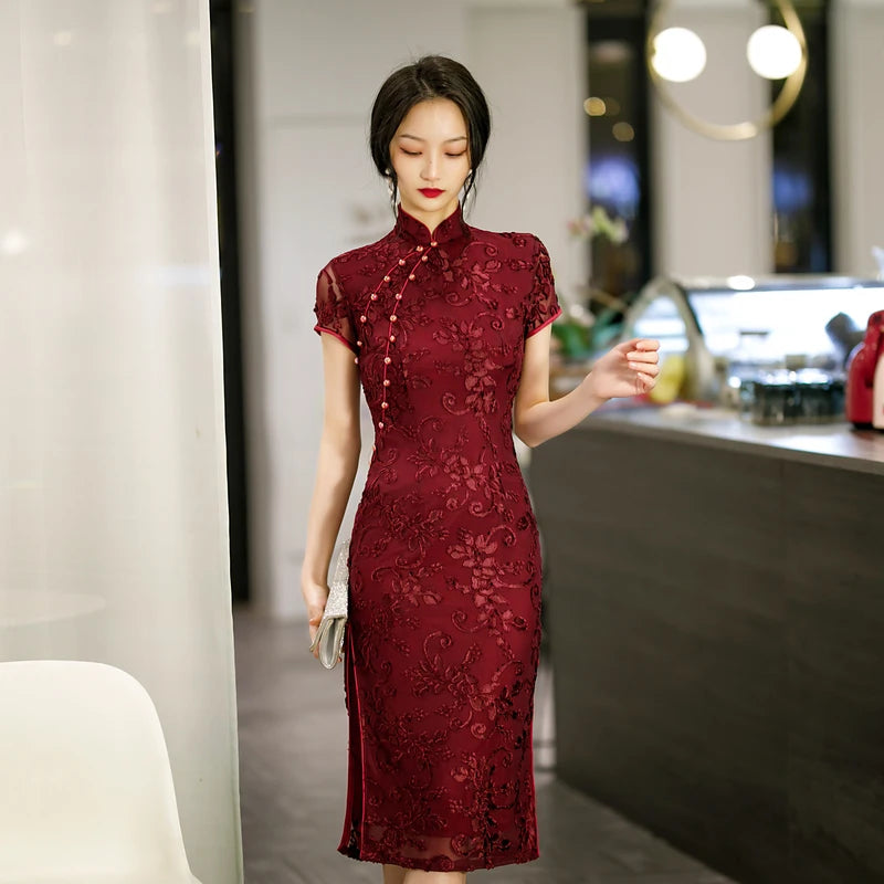 Burgundy Lace Female Qipao Traditional Chinese Dress Vintgae Classic Mandarin Collar Cheongsam Sexy Slim Split Vestidos 3XL 4XL - Seprincess