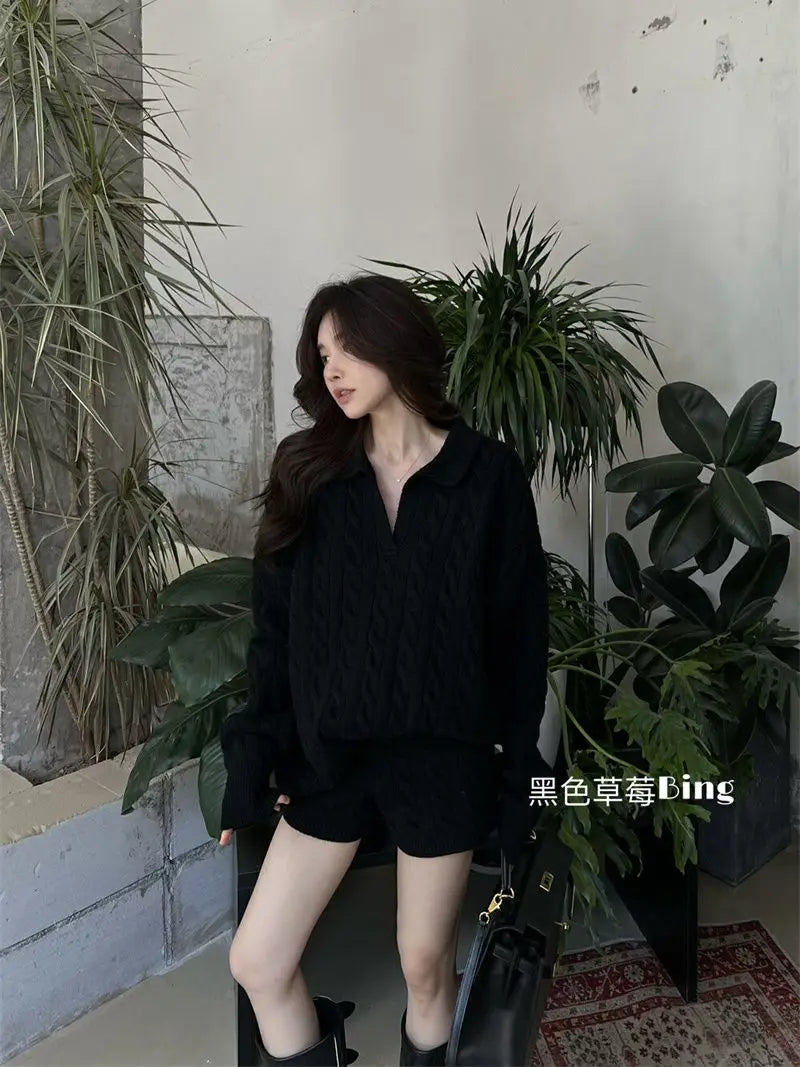 Korean Style Premium Knited Sweater Loose Casual Polo Neck Pullover Women Top Shorts Autumn WinterTwo Piece Set Women Outfits - Seprincess