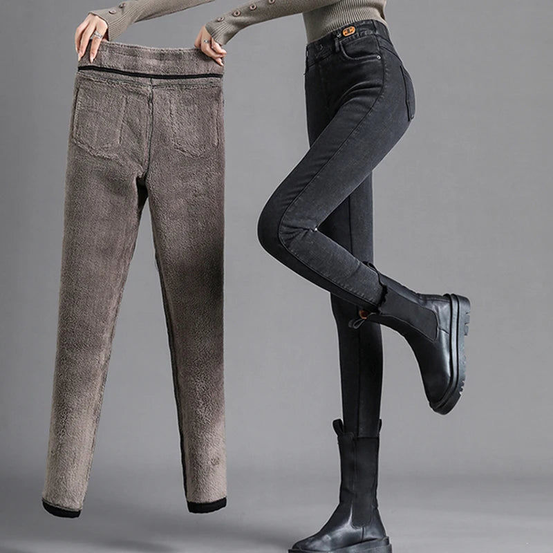 Women's Autumn And Winter Denim Jeans Thick Velvet Slim High Waist Small Leg New Black High Stretch Pencil Pants