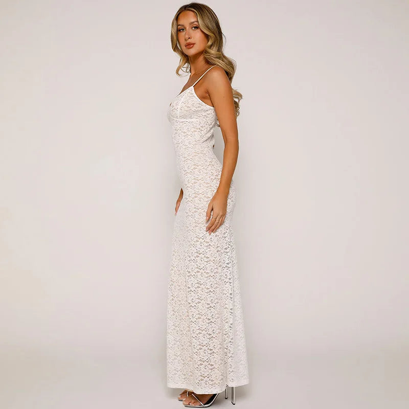 Tossy Lace Hollow Out Backless Maxi Dress Slim V-Neck See-Through High Street Summer Elegant Party Dress Fashion Slim Dress 2023 - Seprincess