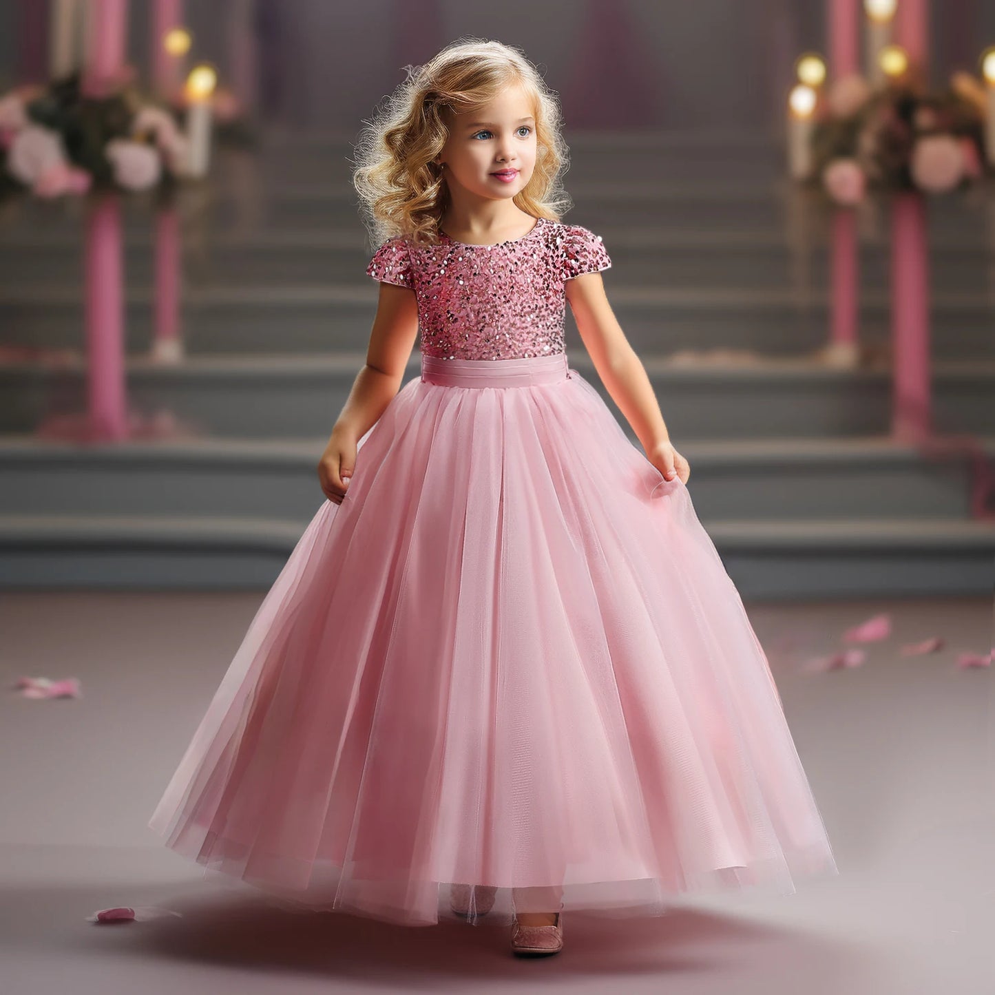 Sparkly Sequins Short Sleeves Flower Girl Dresses Tulle Kids Birthday Party Pageant Prom Gown Teen Girls Bridesmaid Dresses - Seprincess