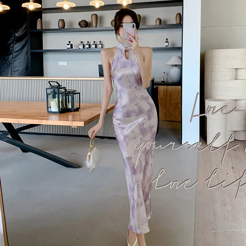 Retro Sexy New Chinese Modern Improved Satin Cheongsam Evening Wear Women Slim Long Dress Qipao - Seprincess