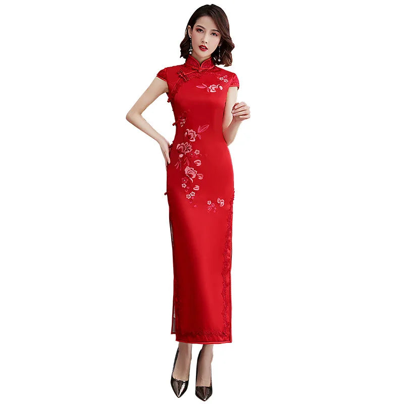 Silk Embroidered Long Cheongsam 2023 New Lace Edge Improved Qipao Chinese Style Evening Dresses Woman Ceremony Dress - Seprincess