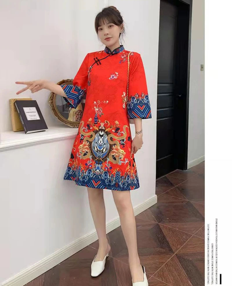 Red Blue Loose 2024 New Fashion Modern Chinese Cheongsam A-line Dress Women 3/4 Sleeve Qipao Traditional Chinese Clothes - Seprincess