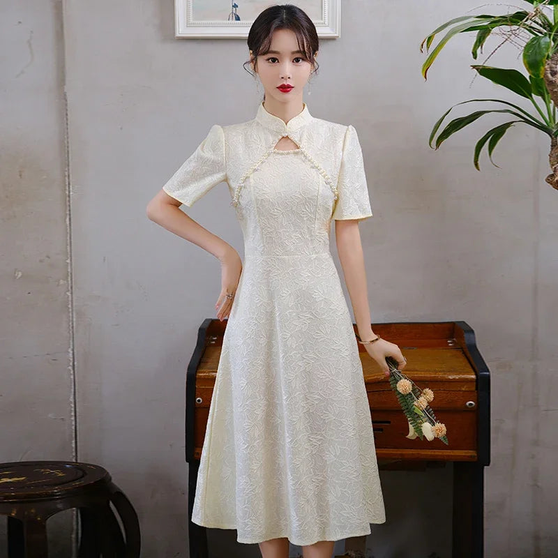 Summer New Retro Short Sleeve Wedding Lace Cheongsam Chinese Traditional Modern Women Qipao Dress - Seprincess