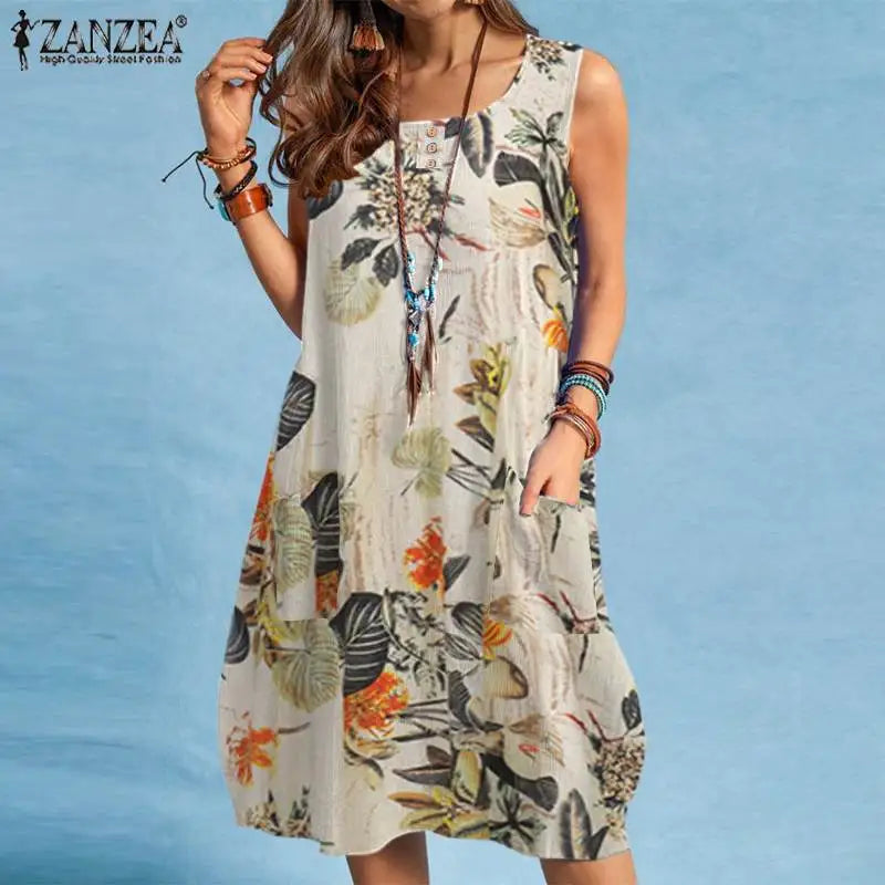 ZANZEA Bohemian Beach Dress Summer Vintage Floral Printed Sundress Women Sleeveless Knee-length Robe Holiday Vestidos Sarafans - Seprincess