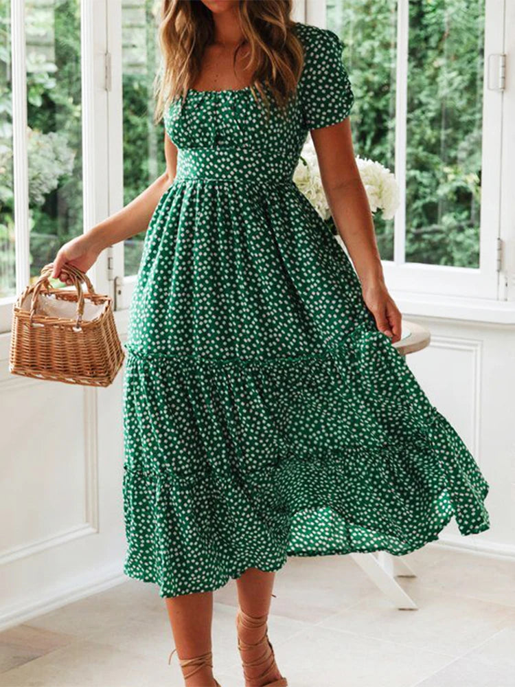 Vestidos Vintage Vintage Print Puff Sleeve summer Beach sweet dresses Casual Square collar floral maxi long dress 2023 festa - Seprincess