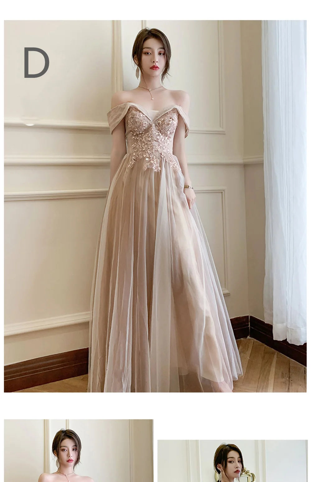 4 styles Champagne Pink Bridesmaid Dress Women's Elegant Off Shoulder Ruffles Sleeves Gown Sequins Flower Applique Vestido