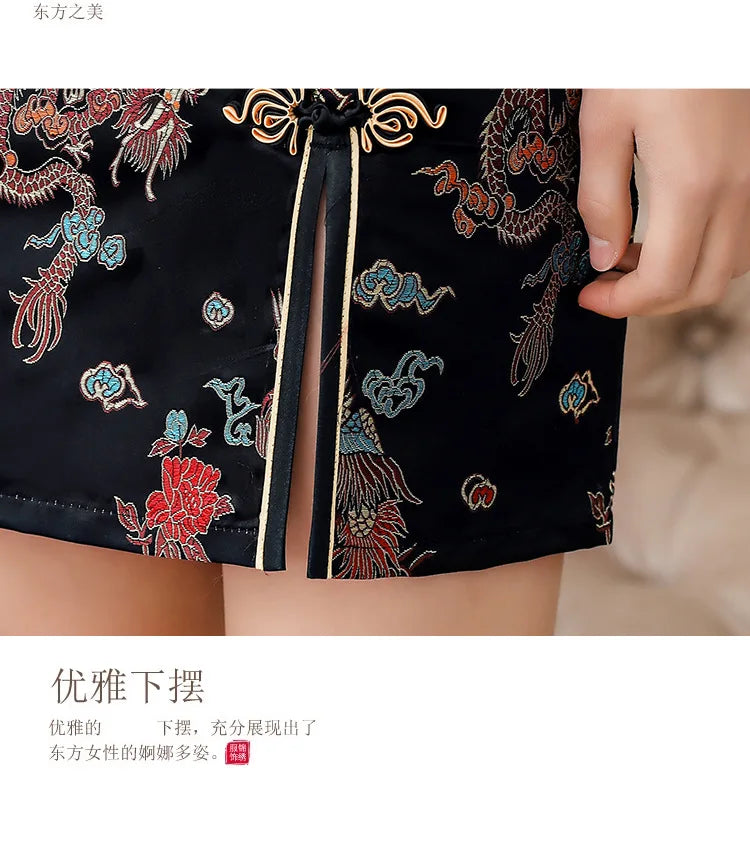 Front Fork Dragon&Phoenix Qipao Elegant Women Cheongsam Old Shanghai Mandarin Collar Sexy Short Chinese Dress Vestido - Seprincess