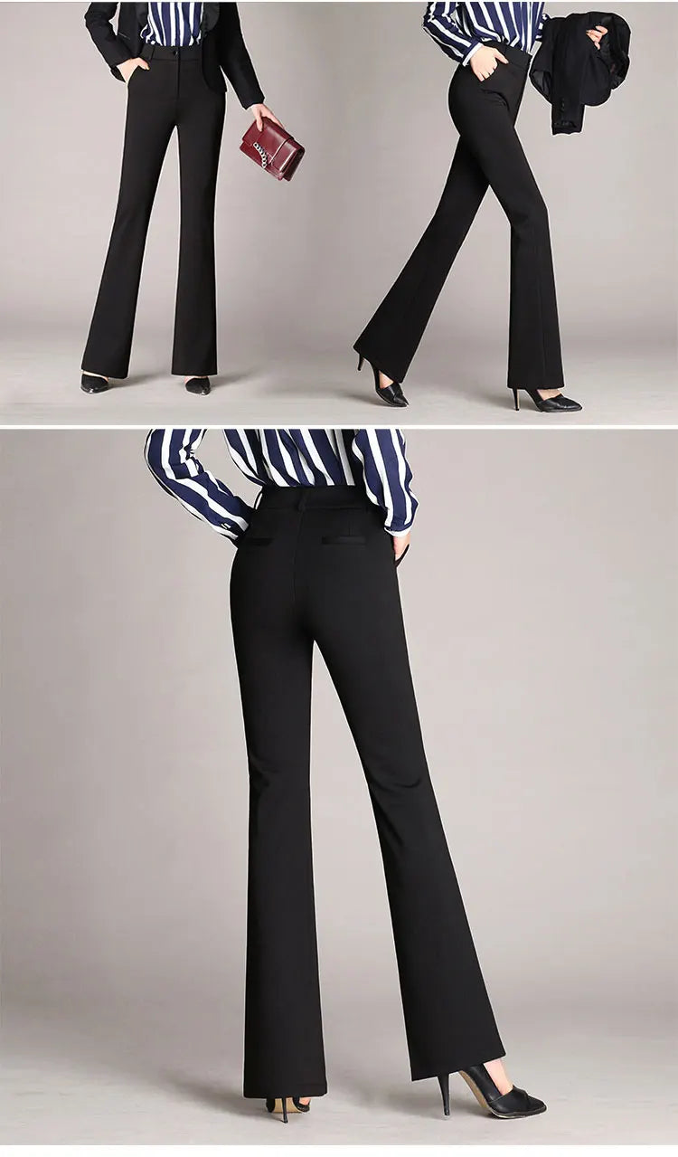 Autumn Winter Women's Pants Solid Casual Front Zipper Flared Pants OL Ladies Career Long Trousers Elegant High Waist Work Pant