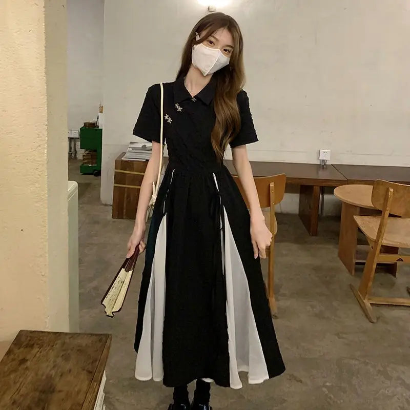 2023 New Chinese Style Dress Balck Qipao Elegant White Black Patchwork Cheongsams Youth Girl Vestidos Long Dresses Qipao - Seprincess