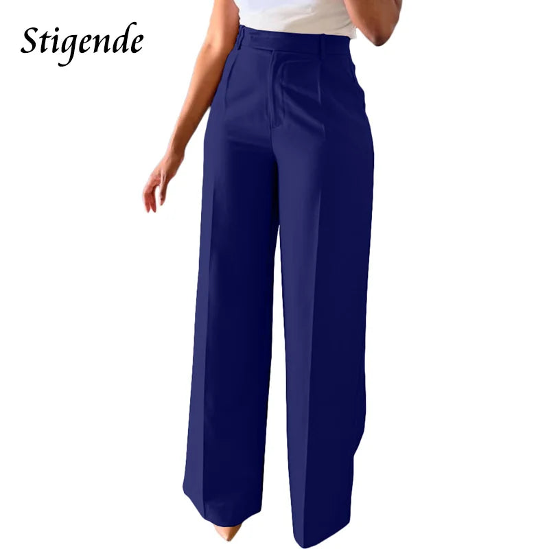 Stigende Wide Leg Straight Dress Pants with Pocket Women Plain Color Business Casual Pants Loose Fit Midi Waist Office Trousers