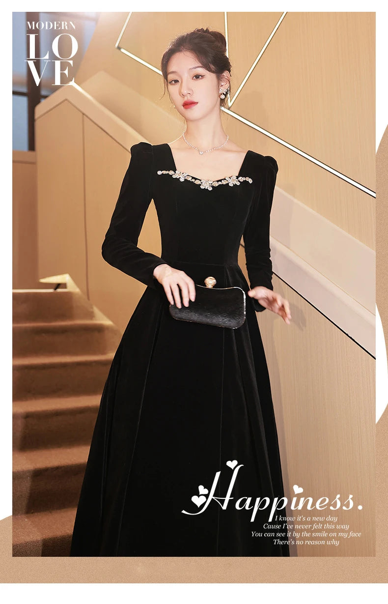 Autumn Winter Black Evening Dress Women Elegant  Luxury Velvet Long Sleeve A-line Party Dresses French Beadding Prom Gown - Seprincess