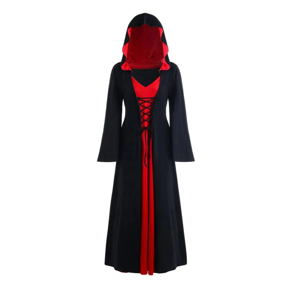 Women Halloween Dress Halloween Party Outfit Dark Style Halloween Witch Costume with Lace-up Strap Hood Long Horn for A-line - Seprincess