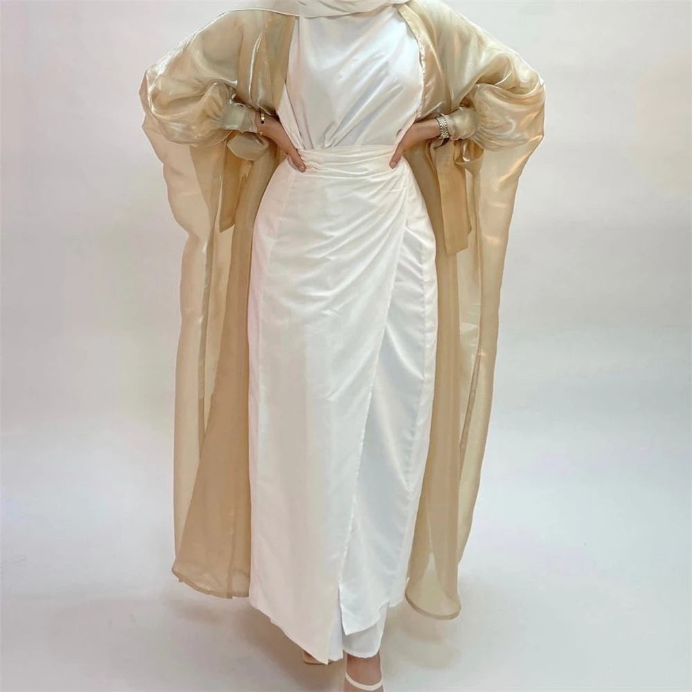 Shiny Satin Open Abaya Dubai Kaftan Women Muslim Kimono Cardigan Islamic Puff Sleeve Caftan Maxi Dress Robe Gown Turkey Jalabiya - Seprincess