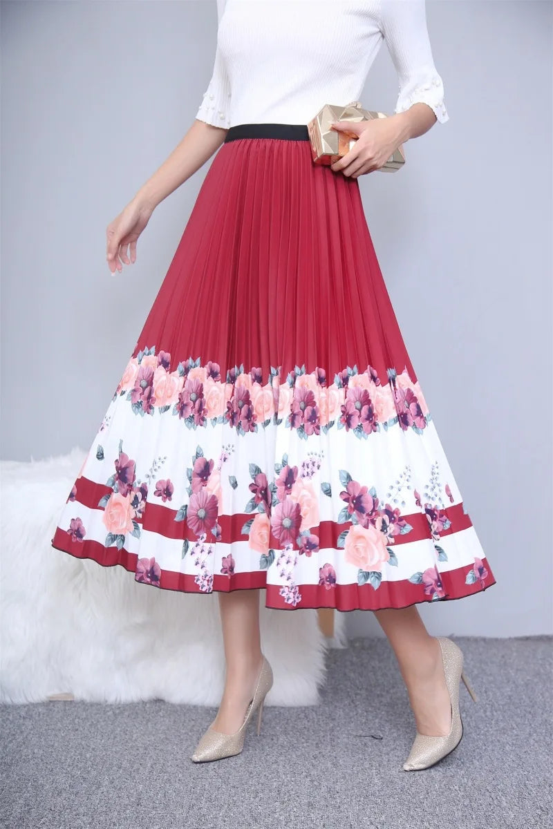 2024 Summer Women Cartoon Print Pleated Skirts A Line High Waisted Elastic Midi Long Skirt Ladies Party Korean Style Dresses