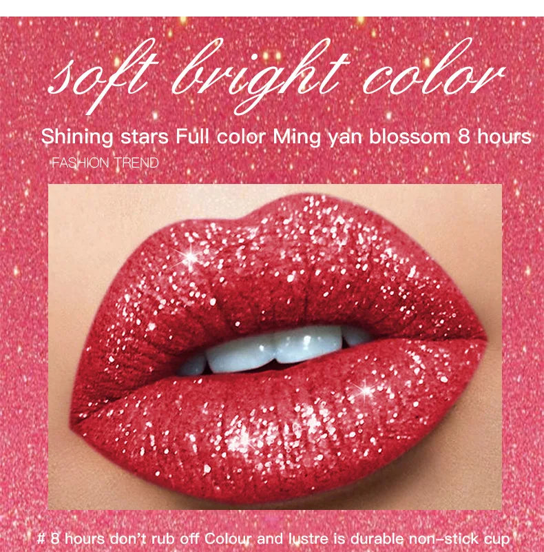 Diamond Lip Gloss Shimmer Pearlescent Waterproof Long Lasting Non-stick Cup Matte Glitter Liquid Lipstick Lip Glaze Lips Make Up - Seprincess