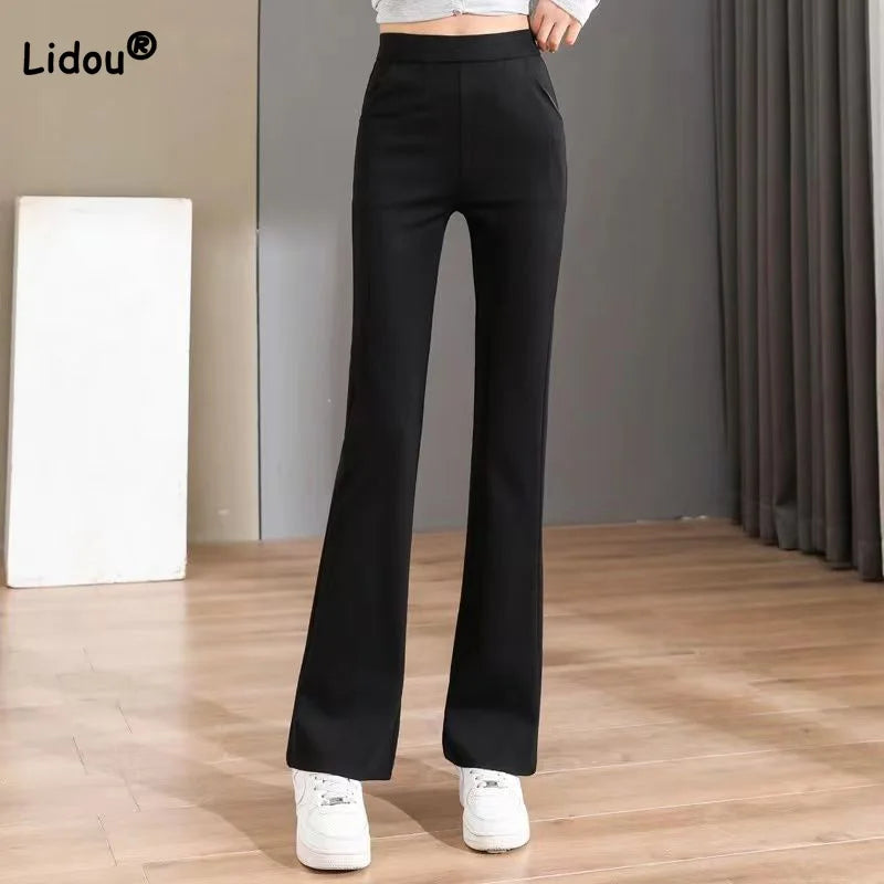 Black All-match Patchwork Pockets Classics Micro Flare Trousers Summer Thin Ventilate Elastic High Waist Women's Casual Pants