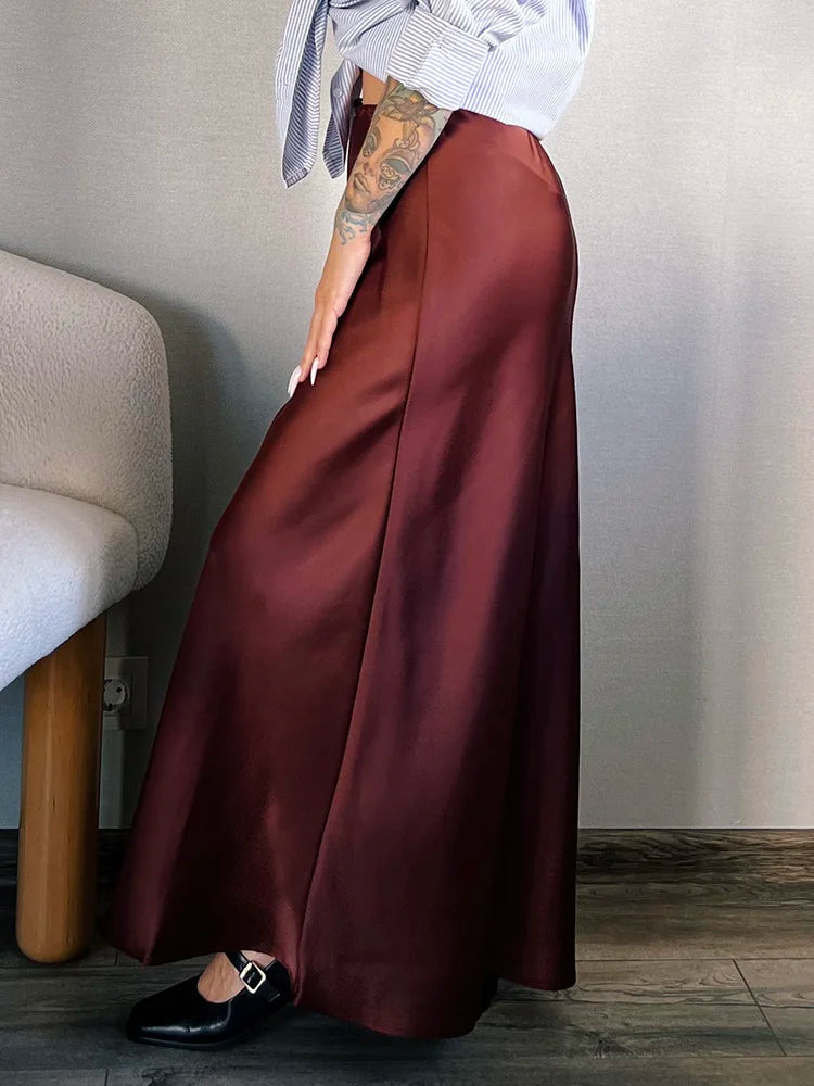 Long Black Satin Skirts For Women 2024 Autumn Winter Maxi Brown Burgundy Skirts Ladies Green Lace Up Women Satin Silk Skirt - Seprincess