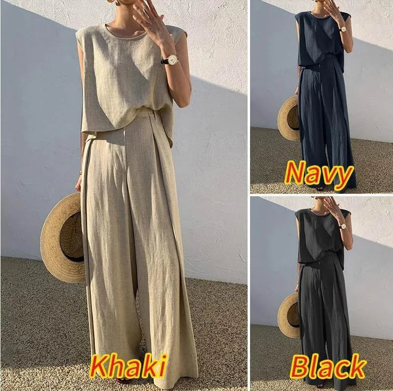 Elegant Cotton linen Women Suit Casual Loose Two-piece Sleeveless Top Wide-leg Pants Outfits Female Summer Solid Elegant Sets - Seprincess