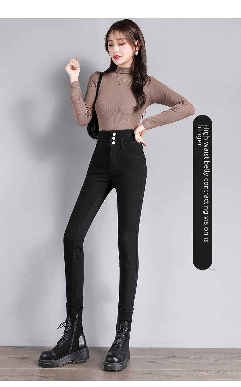 Black High-waisted Slimming Denim Jeans For Women Butt-lifting Tummy-control Features