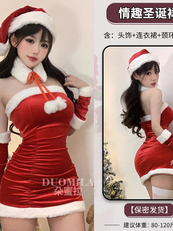 Fashion Sexy Korean Women Christmas Decoration Short Dress Elegant Velvet Sexy Female Cosplay Halloween Performance Dress 6BVH - Seprincess