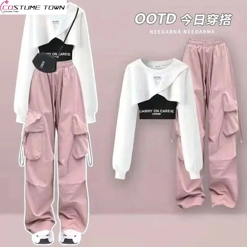 Spring and Autumn Set Women's 2024 Korean Loose Fashion Top Casual Work Pants Age Reducing Three Piece Set - Seprincess