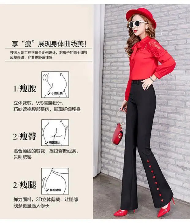 Summer Fashion Simple Slim Straight Flare Pants Women Solid High Waist Button Zipper Pocket Casual Versatile Elastic Trousers