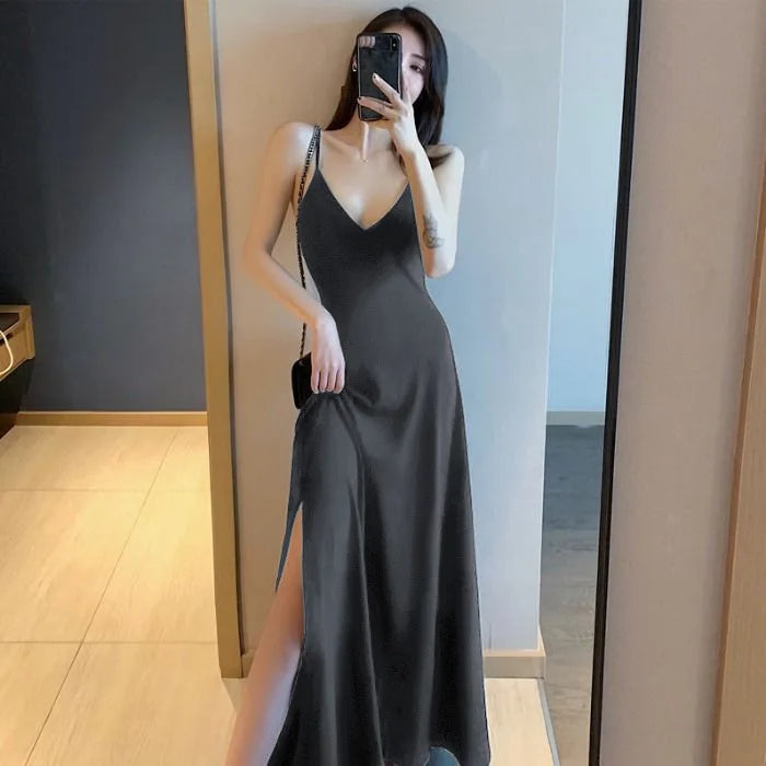 Halter black dress sexy V-neck base retro long side slit black sleeveless dress for women - Seprincess