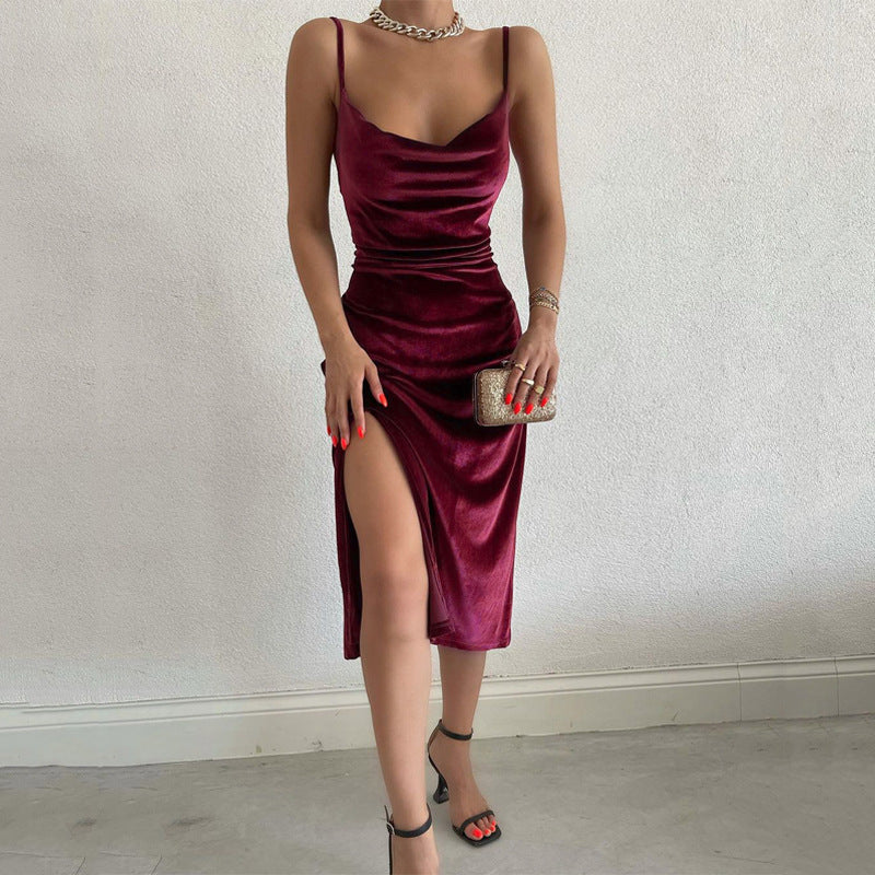 Sexy Slit Women Summer Velvet Midi Bodycon Dress Sleeveless Off Shoulder Backless Party Club Dresses Elegant Evening Robe - Seprincess