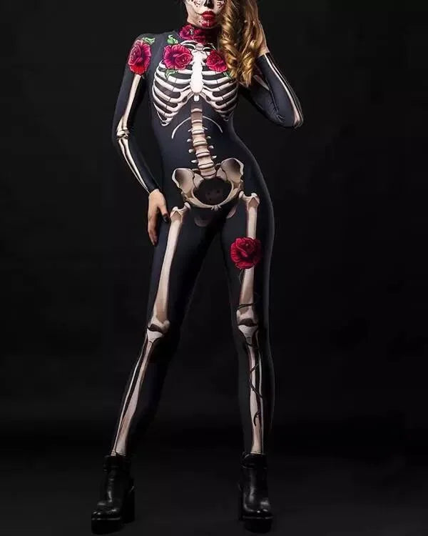 Women Cosplay Skeleton Rose Sexy Bodysuit Halloween Devil Ghost Specter Jumpsuit Romper Party Carnival Performance Scary Costume - Seprincess